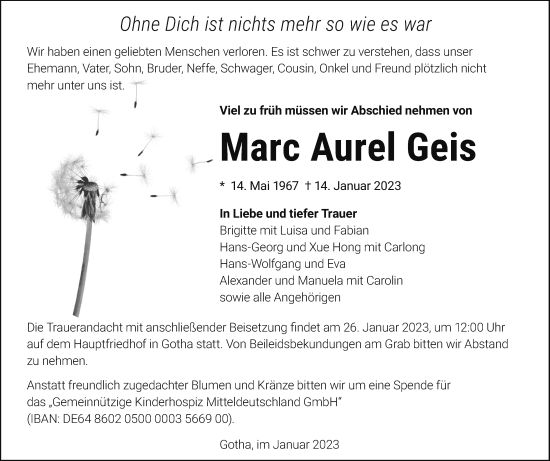 Traueranzeige von Marc Aurel Geis von Thüringer Allgemeine, Thüringische Landeszeitung