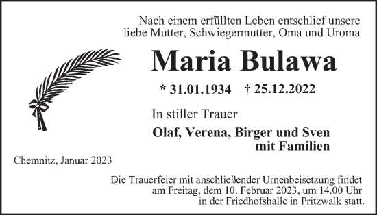 Traueranzeige von Maria Bulawa von Thüringer Allgemeine, Thüringische Landeszeitung
