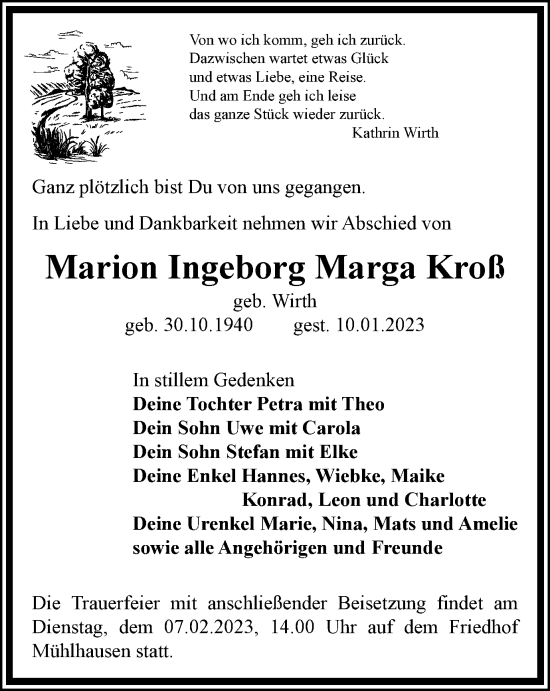 Traueranzeige von Marion Ingeborg  Kroß von Thüringer Allgemeine, Thüringische Landeszeitung