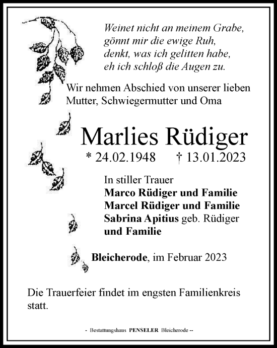 Traueranzeige von Marlies Rüdiger von Thüringer Allgemeine