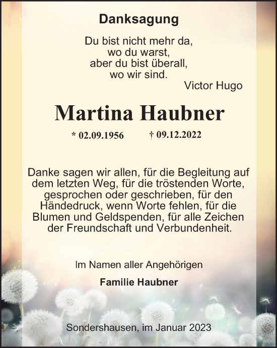 Traueranzeige von Martina Haubner von Thüringer Allgemeine