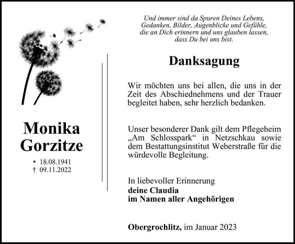  Traueranzeige für Monika Gorzitze vom 13.01.2023 aus Ostthüringer Zeitung