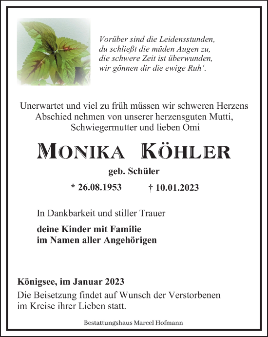 Traueranzeige von Monika Köhler von Ostthüringer Zeitung