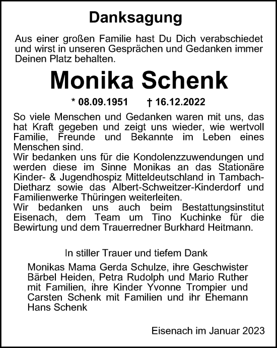 Traueranzeige von Monika Schenk von Thüringer Allgemeine, Thüringische Landeszeitung