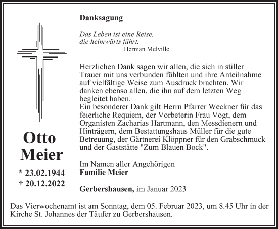 Traueranzeige von Otto Meier von Thüringer Allgemeine