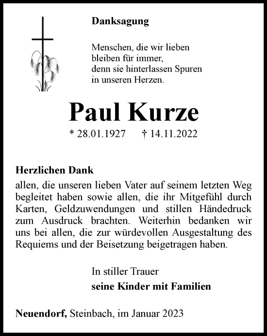 Traueranzeige von Paul Kurze von Thüringer Allgemeine