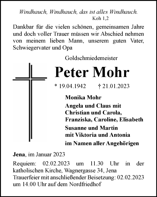 Traueranzeige von Peter Mohr von Ostthüringer Zeitung, Thüringische Landeszeitung