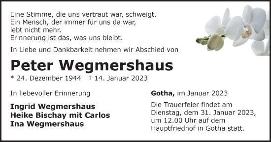 Traueranzeige von Peter Wegmershaus von Thüringer Allgemeine, Thüringische Landeszeitung