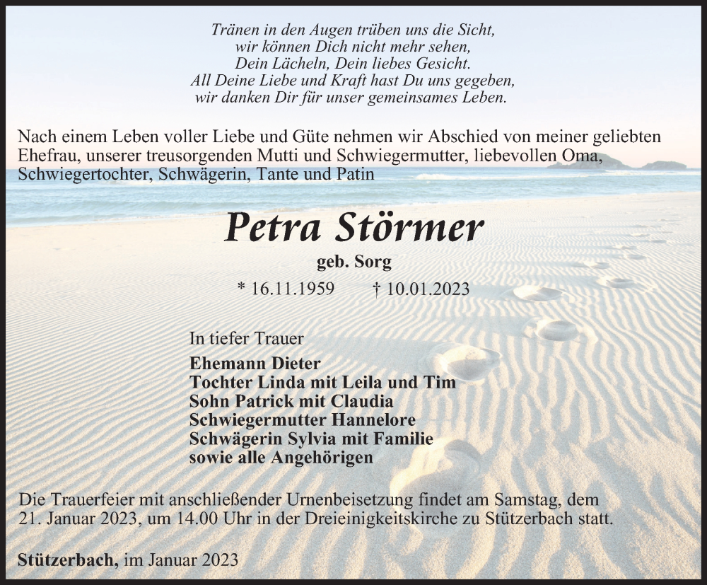  Traueranzeige für Petra Störmer vom 18.01.2023 aus Thüringer Allgemeine