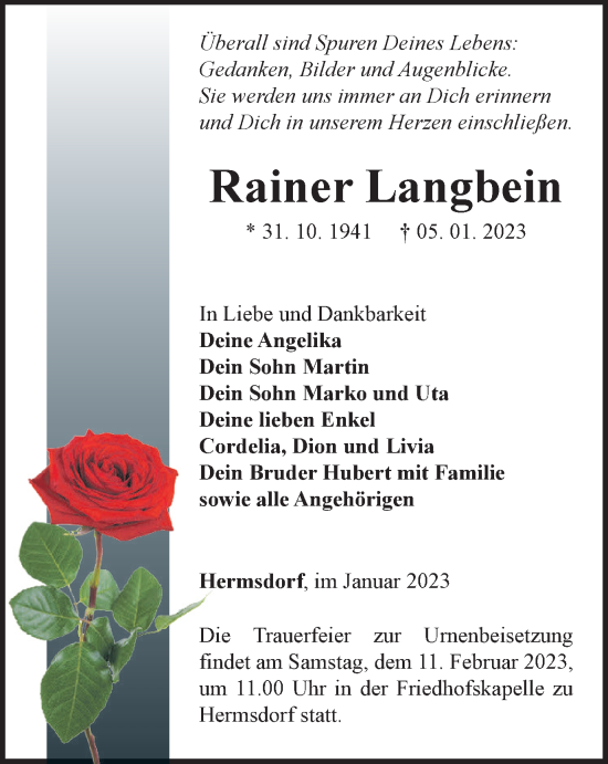 Traueranzeige von Rainer Langbein von Ostthüringer Zeitung