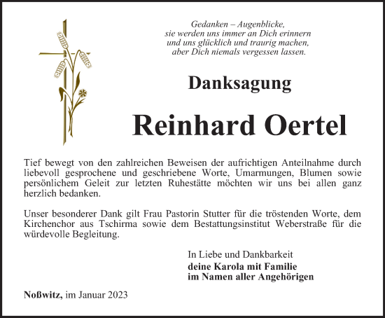 Traueranzeige von Reinhard Oertel von Ostthüringer Zeitung