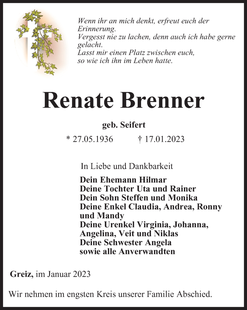  Traueranzeige für Renate Brenner vom 21.01.2023 aus Ostthüringer Zeitung