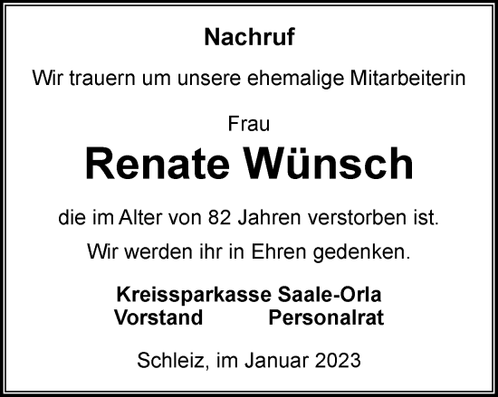 Traueranzeige von Renate Wünsch von Ostthüringer Zeitung