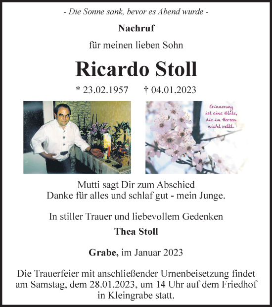 Traueranzeige von Ricardo Stoll von Thüringer Allgemeine, Thüringische Landeszeitung