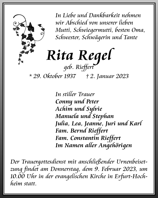 Traueranzeige von Rita Regel