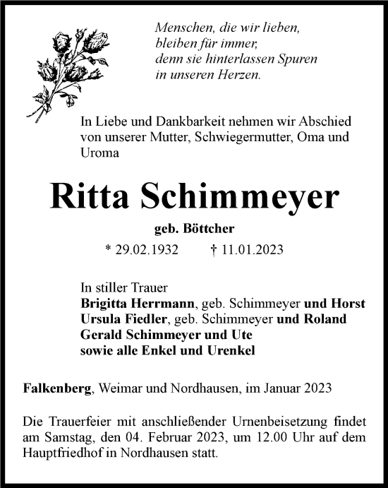 Traueranzeige von Ritta Schimmeyer von Thüringer Allgemeine