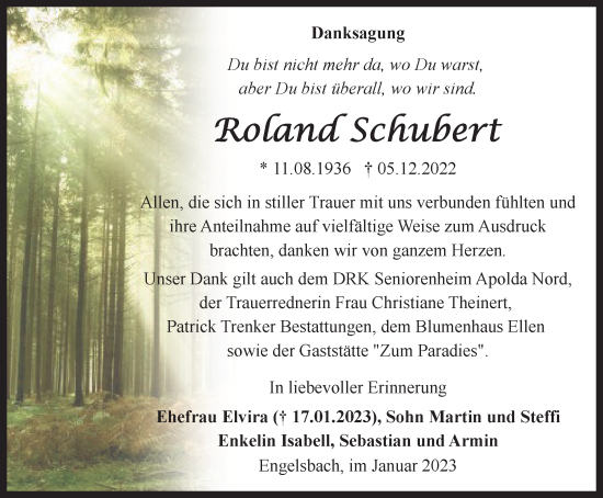 Traueranzeige von Roland Schubert von Thüringer Allgemeine, Thüringische Landeszeitung