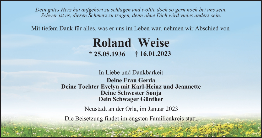  Traueranzeige für Roland Weise vom 21.01.2023 aus Ostthüringer Zeitung