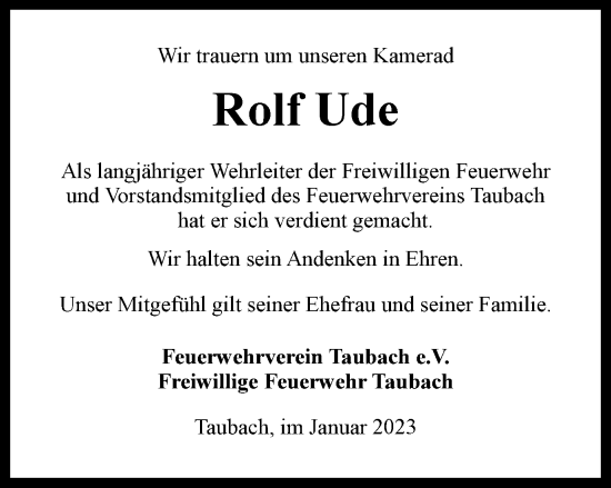 Traueranzeige von Rolf Ude von Thüringer Allgemeine, Thüringische Landeszeitung