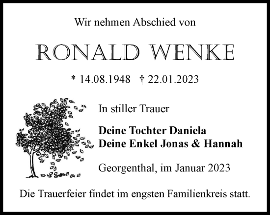 Traueranzeige von Ronald Wenke von Thüringer Allgemeine, Thüringische Landeszeitung