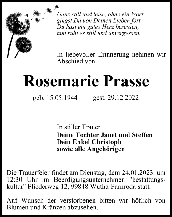 Traueranzeige von Rosemarie Prasse von Thüringer Allgemeine, Thüringische Landeszeitung