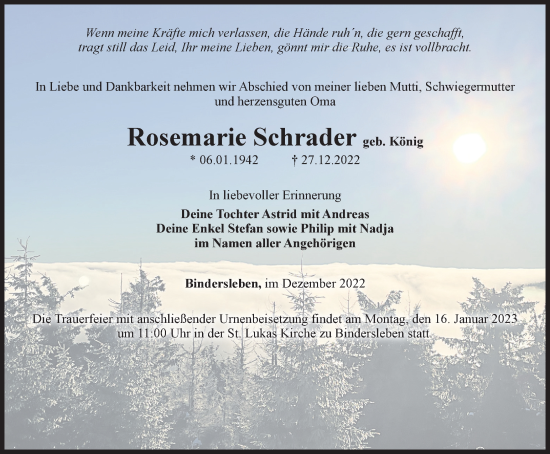 Traueranzeige von Rosemarie Schrader von Thüringer Allgemeine, Thüringische Landeszeitung