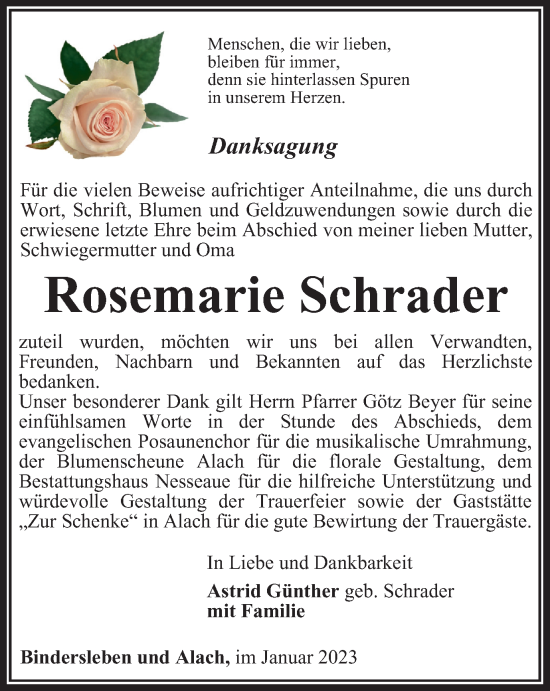 Traueranzeige von Rosemarie Schrader von Thüringer Allgemeine, Thüringische Landeszeitung