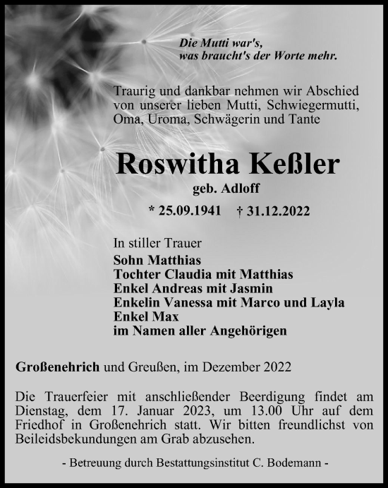 Traueranzeige von Roswitha Keßler