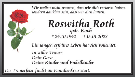 Traueranzeige von Roswitha Roth