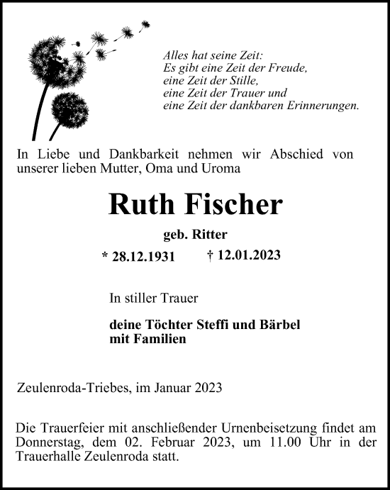 Traueranzeige von Ruth Fischer von Ostthüringer Zeitung