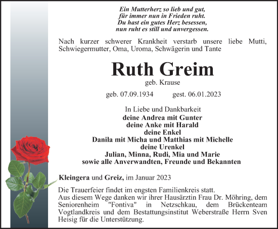 Traueranzeige von Ruth Greim von Ostthüringer Zeitung
