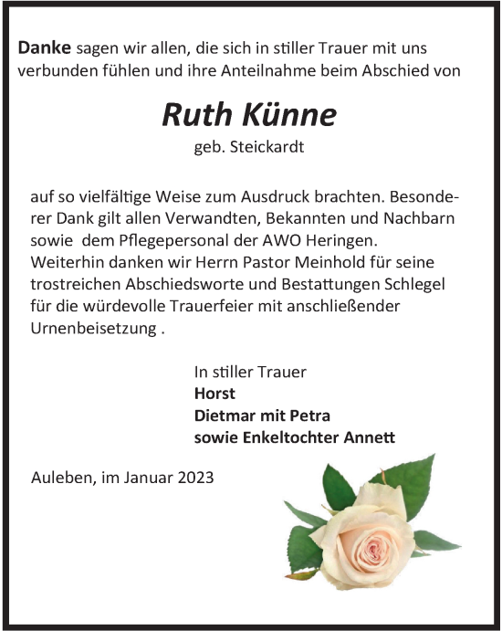 Traueranzeige von Ruth Künne von Thüringer Allgemeine