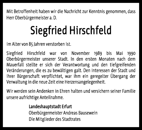 Traueranzeige von Siegfried Hirschfeld von Thüringer Allgemeine, Thüringische Landeszeitung