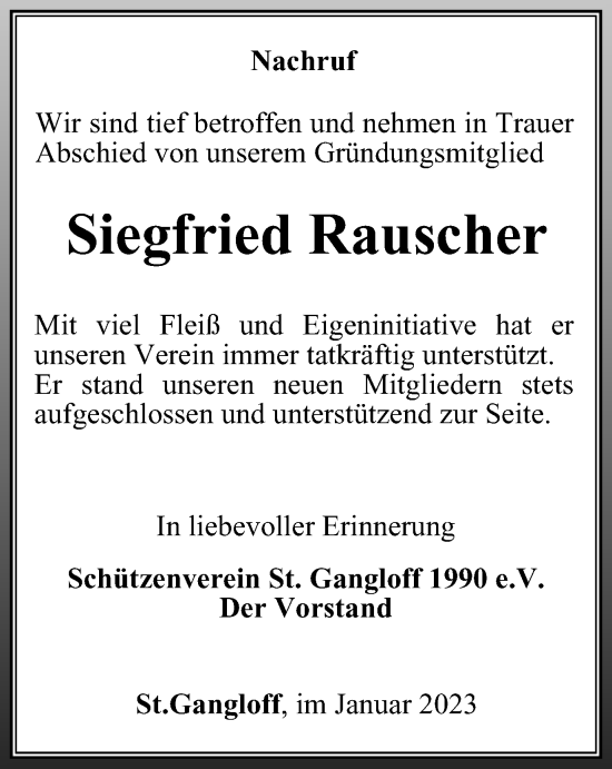 Traueranzeige von Siegfried Rauscher von Ostthüringer Zeitung