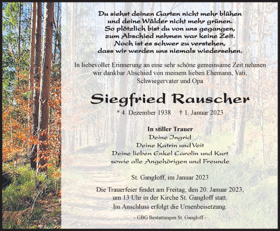 Traueranzeige von Siegfried Rauscher von Ostthüringer Zeitung