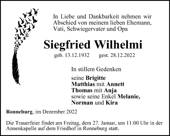 Traueranzeige von Siegfried Wilhelmi von Ostthüringer Zeitung