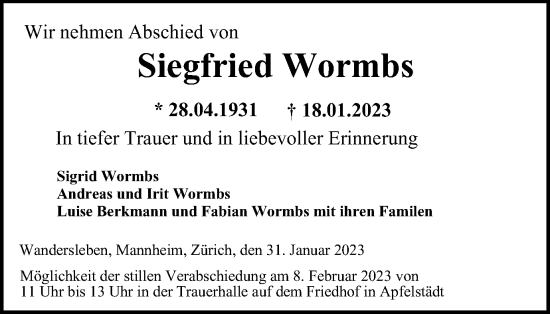 Traueranzeige von Siegfried Wormbs von Thüringer Allgemeine, Thüringische Landeszeitung