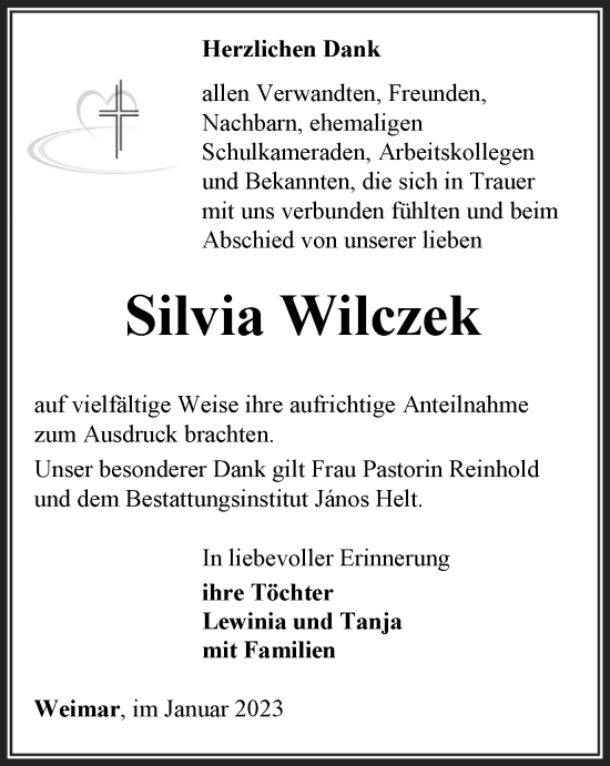 Traueranzeige von Silvia Wilczek von Thüringer Allgemeine, Thüringische Landeszeitung