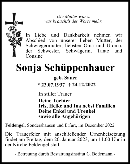 Traueranzeige von Sonja Schüppenhauer von Thüringer Allgemeine