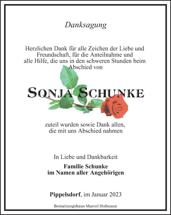 Traueranzeige von Sonja Schunke von Ostthüringer Zeitung