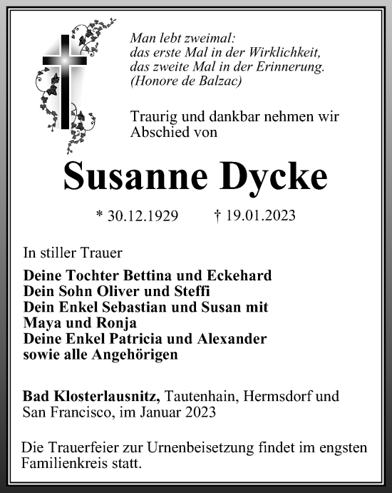 Traueranzeige von Susanne Dycke von Ostthüringer Zeitung