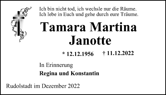 Traueranzeige von Tamara Martina Janotte von Ostthüringer Zeitung