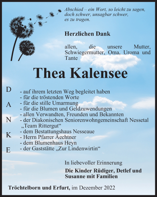 Traueranzeige von Thea Kalensee von Thüringer Allgemeine, Thüringische Landeszeitung
