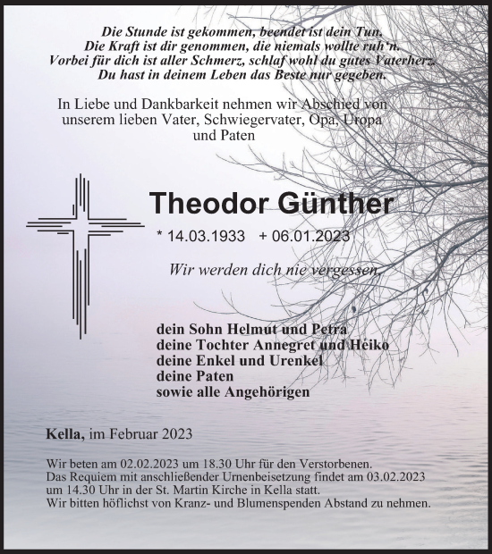 Traueranzeige von Theodor Günther von Thüringer Allgemeine
