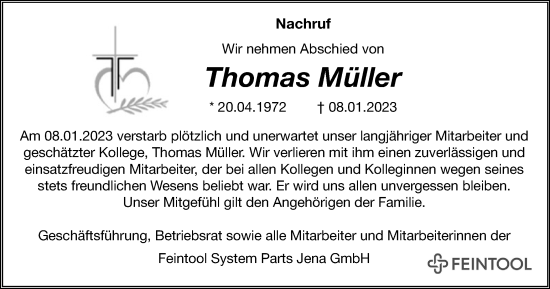 Traueranzeige von Thomas Müller von Ostthüringer Zeitung, Thüringische Landeszeitung