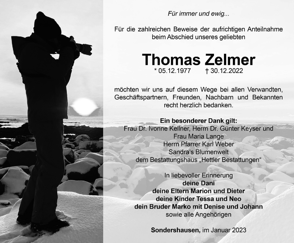  Traueranzeige für Thomas Zelmer vom 14.01.2023 aus Thüringer Allgemeine