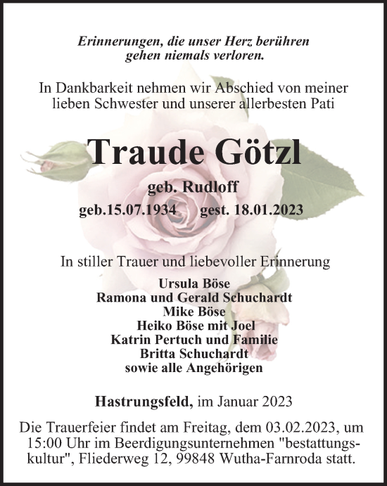 Traueranzeige von Traude Götzl von Thüringer Allgemeine, Thüringische Landeszeitung