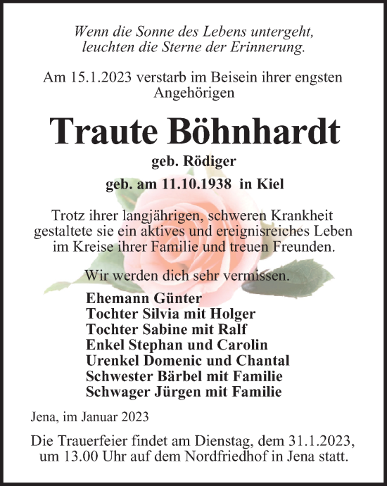 Traueranzeige von Traute Böhnhardt von Ostthüringer Zeitung, Thüringische Landeszeitung