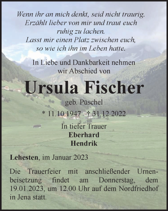 Traueranzeige von Ursula Fischer von Ostthüringer Zeitung, Thüringische Landeszeitung