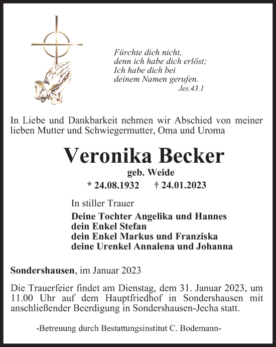 Traueranzeige von Veronika Becker